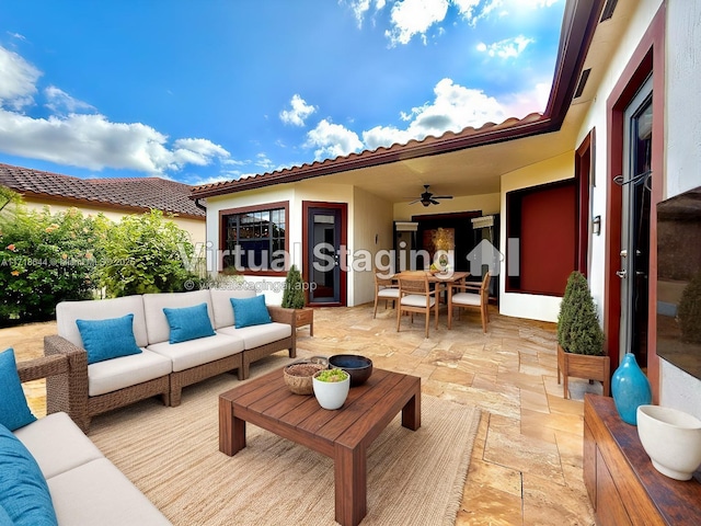 view of patio with an outdoor living space, outdoor dining area, and ceiling fan