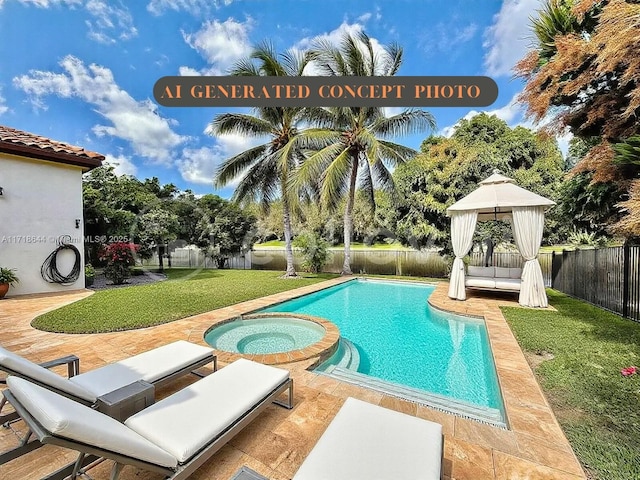 view of swimming pool featuring a gazebo, a pool with connected hot tub, a lawn, and a fenced backyard