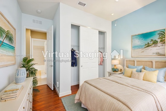 bedroom with a closet, baseboards, visible vents, and dark wood-style flooring