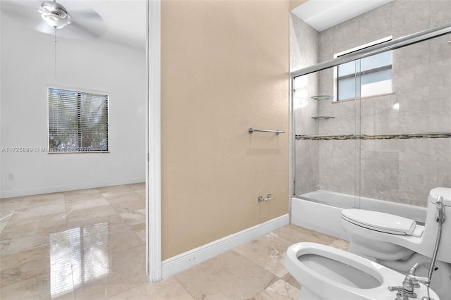 bathroom featuring tile patterned floors, toilet, bath / shower combo with glass door, a bidet, and ceiling fan