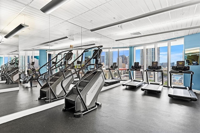 exercise room featuring a wall of windows