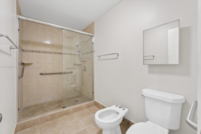 bathroom with a bidet, an enclosed shower, tile patterned floors, and toilet