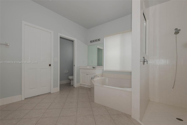 full bathroom with toilet, vanity, tile patterned flooring, and shower with separate bathtub