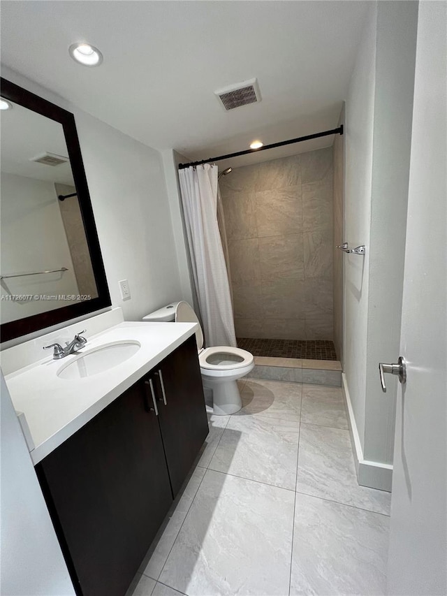 bathroom featuring toilet, vanity, and a shower with curtain