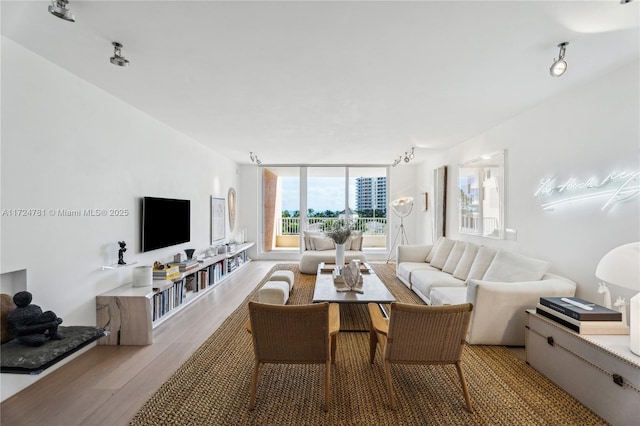 living room featuring light wood-type flooring and expansive windows