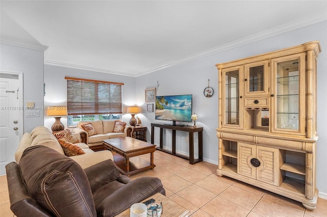 tiled living room featuring ornamental molding