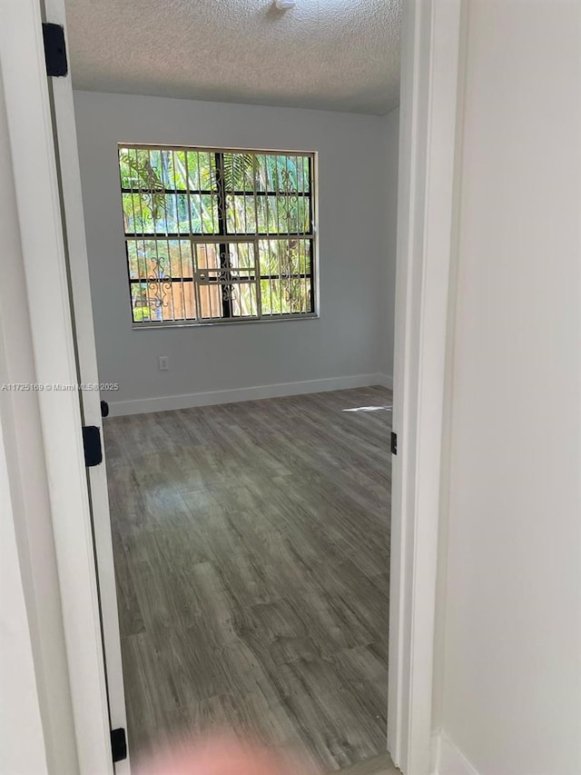 empty room with a textured ceiling, a wealth of natural light, and dark hardwood / wood-style floors