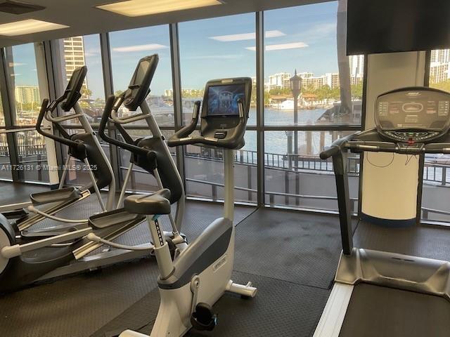 gym featuring a healthy amount of sunlight and a water view