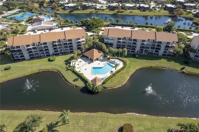 drone / aerial view featuring a water view