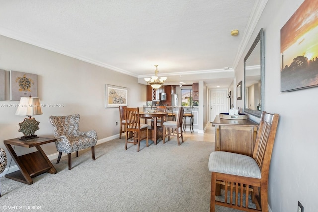 carpeted dining area featuring crown molding and a chandelier