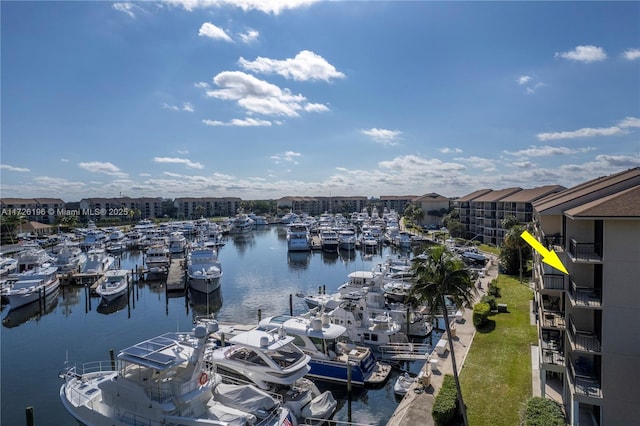 view of water feature with a dock