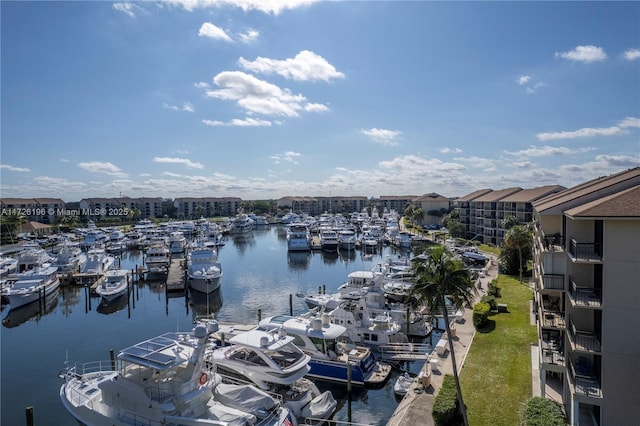 property view of water with a dock