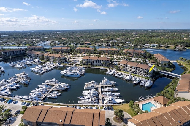 bird's eye view with a water view