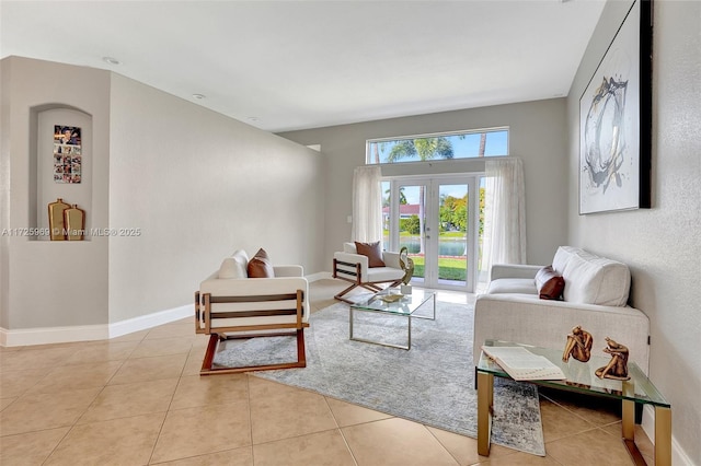 tiled living room with french doors