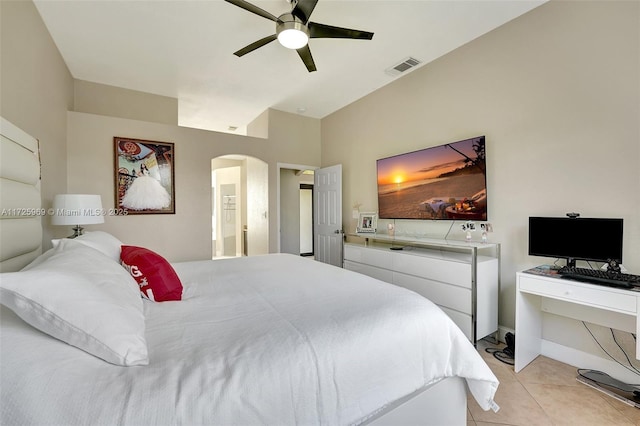 bedroom with light tile patterned flooring and ceiling fan