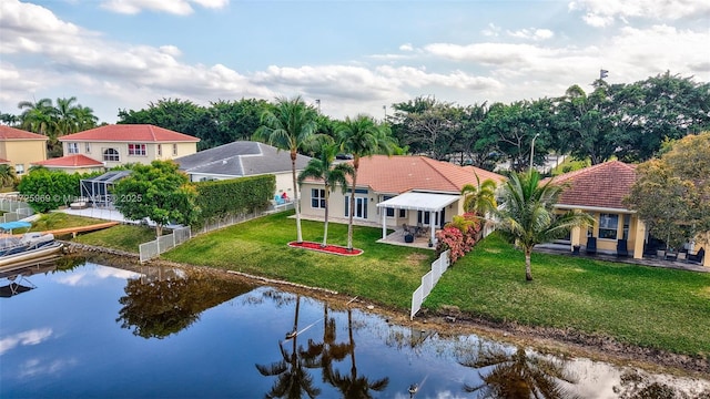 drone / aerial view featuring a water view