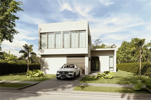 contemporary home with a front yard and a garage