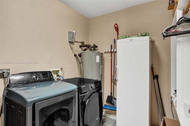 clothes washing area featuring electric water heater and washing machine and dryer