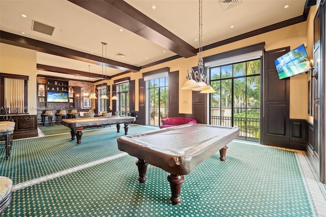 rec room with carpet, pool table, beamed ceiling, ornamental molding, and bar area