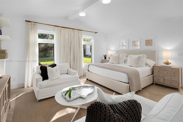 bedroom featuring light parquet floors and lofted ceiling with beams