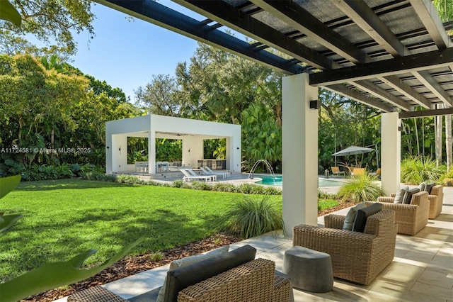 view of patio featuring an outdoor hangout area and a pergola