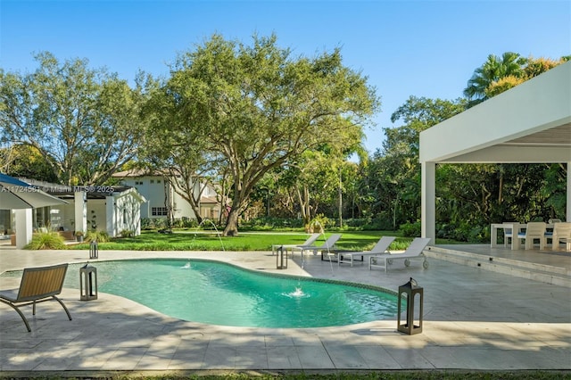 view of swimming pool featuring a patio, a pergola, and a yard