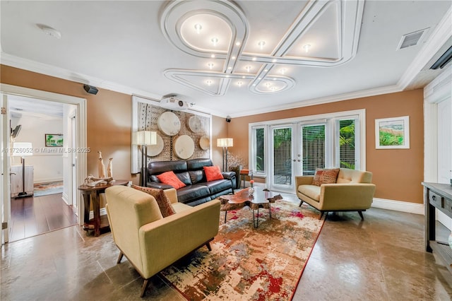 living room featuring ornamental molding and french doors