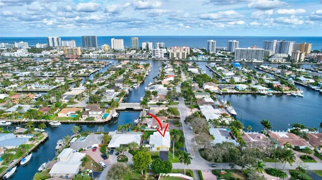 aerial view featuring a water view