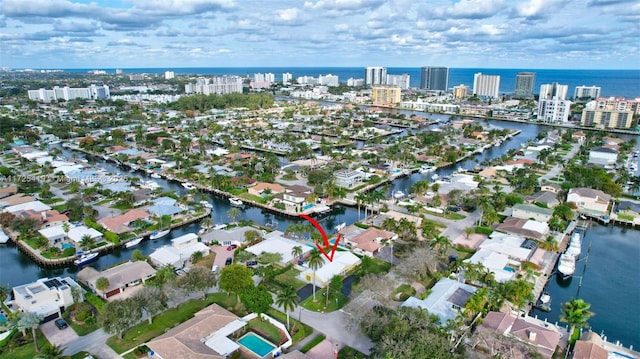 aerial view featuring a water view