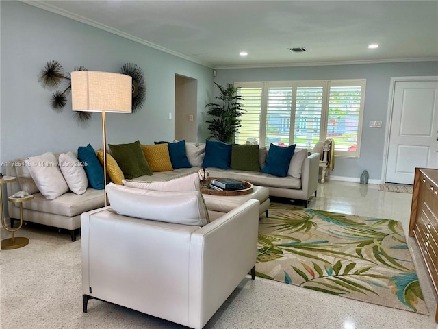 living room featuring ornamental molding