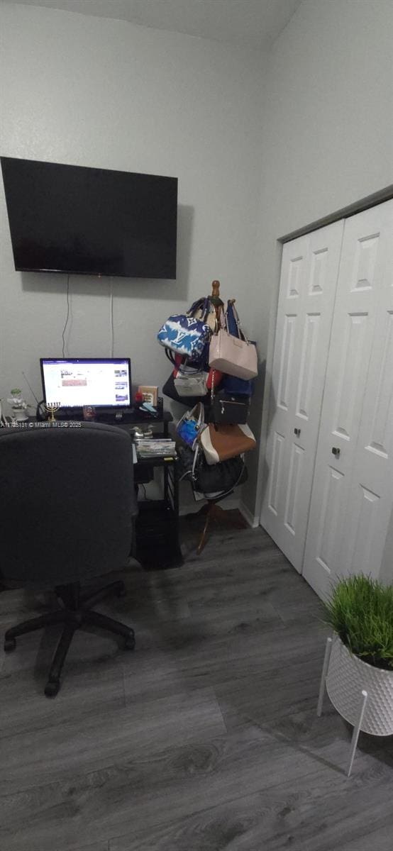 home office featuring dark hardwood / wood-style floors