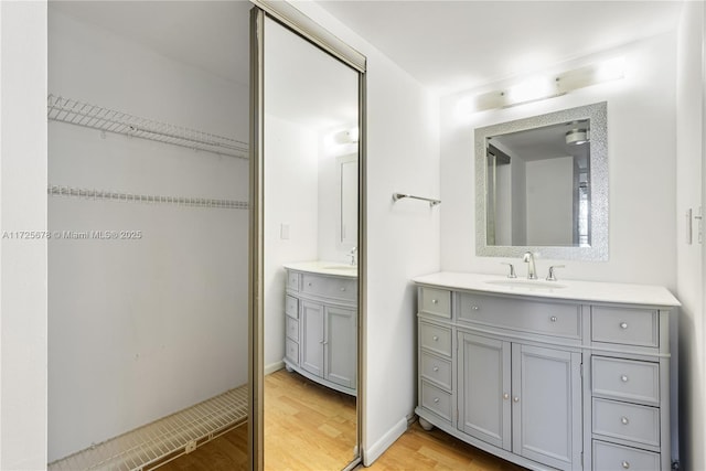 bathroom featuring hardwood / wood-style flooring and vanity