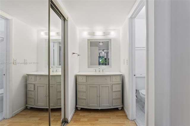 bathroom featuring toilet, hardwood / wood-style flooring, and vanity