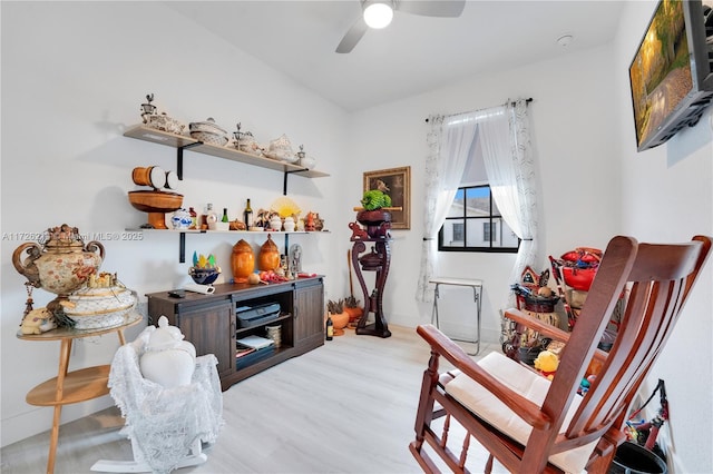 interior space featuring a ceiling fan and light wood finished floors