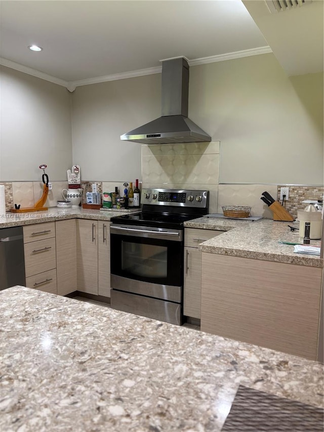 kitchen with black dishwasher, wall chimney exhaust hood, stainless steel electric range oven, light stone countertops, and crown molding