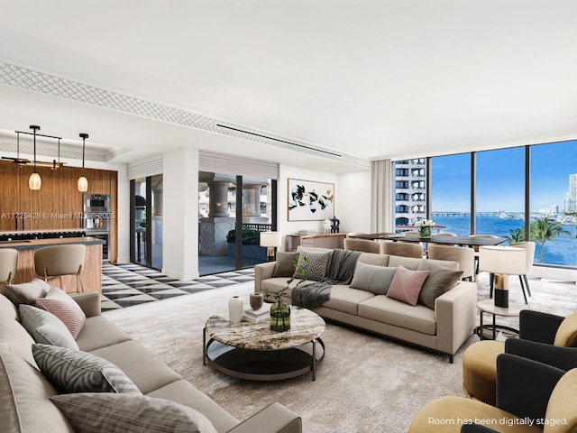 living area featuring a water view and light carpet