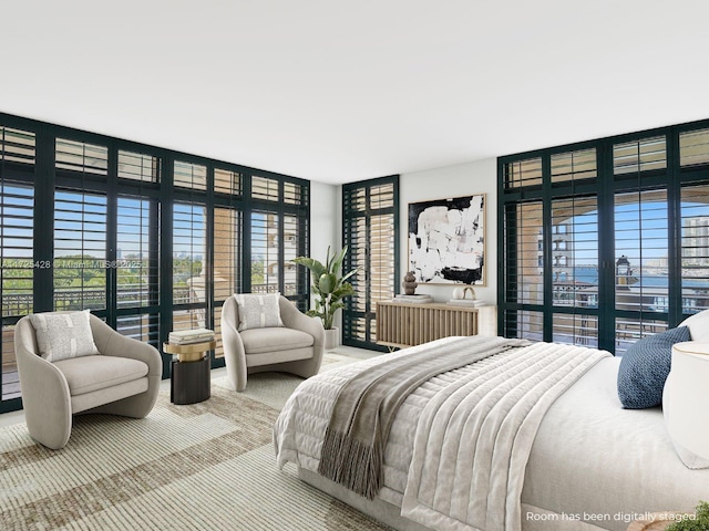 bedroom with a wall of windows and multiple windows