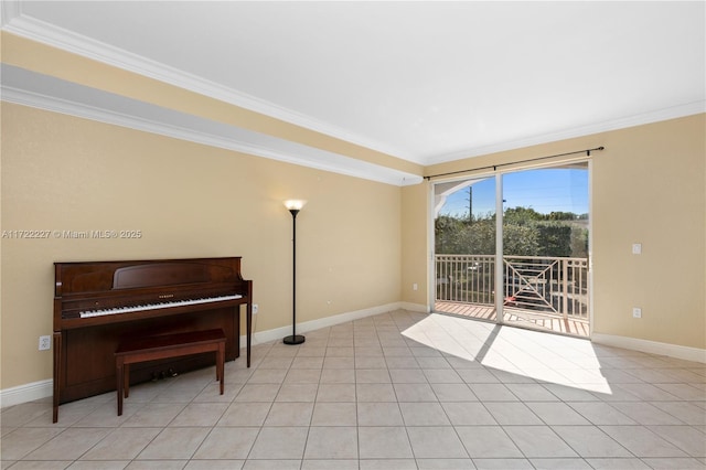 miscellaneous room with light tile patterned flooring and ornamental molding