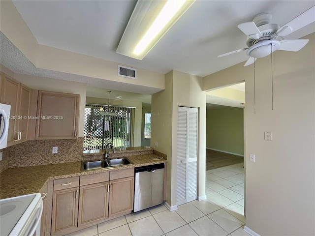 kitchen with electric stove, ceiling fan, sink, stainless steel dishwasher, and light tile patterned flooring