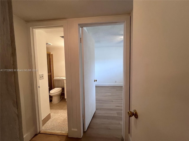 corridor featuring a textured ceiling and hardwood / wood-style flooring