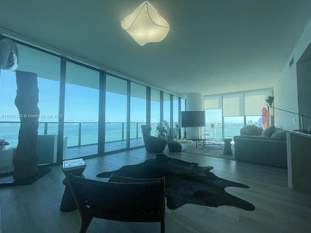 living room featuring a water view