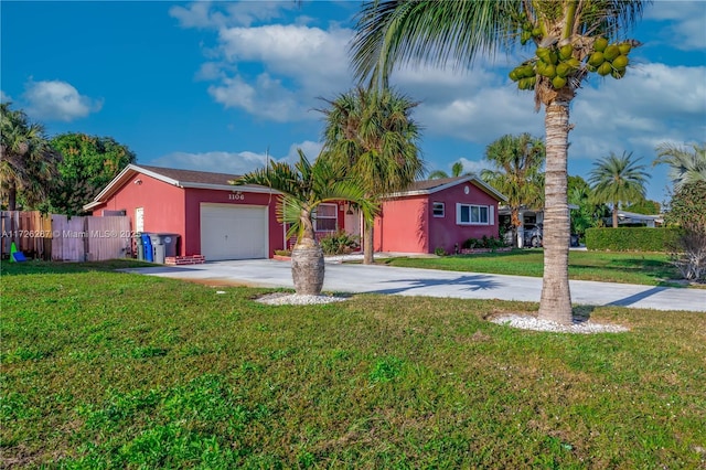 single story home with a front yard and a garage