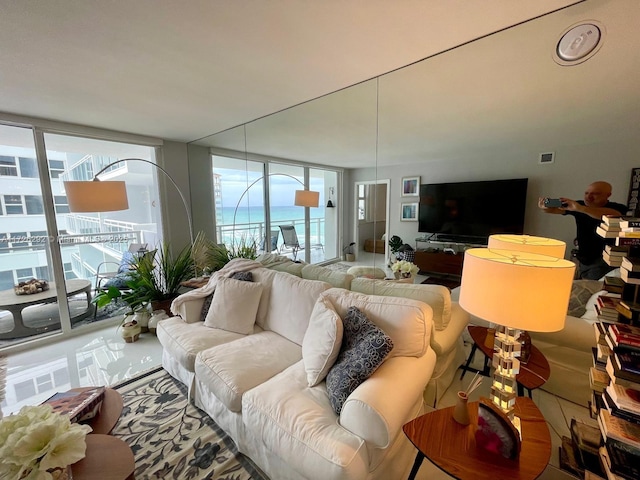 living room featuring expansive windows and a healthy amount of sunlight