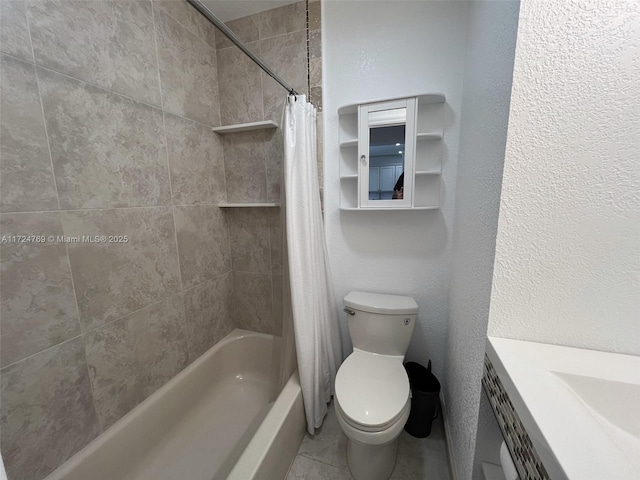 full bathroom featuring shower / bath combination with curtain, vanity, toilet, and tile patterned flooring