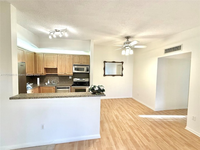 kitchen with sink, light wood-type flooring, kitchen peninsula, stainless steel appliances, and backsplash