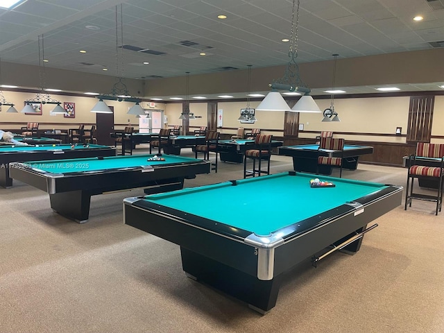 recreation room with pool table, carpet flooring, and a drop ceiling