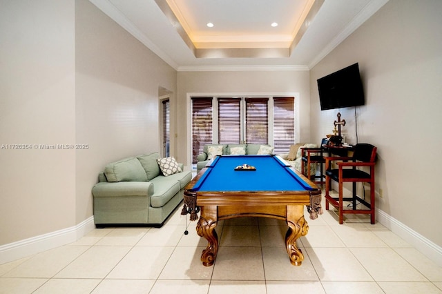 recreation room with billiards, baseboards, tile patterned floors, a tray ceiling, and crown molding