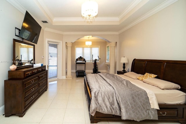 bedroom with arched walkways, visible vents, a tray ceiling, and light tile patterned floors