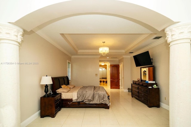 bedroom featuring visible vents, baseboards, ornamental molding, a raised ceiling, and ornate columns