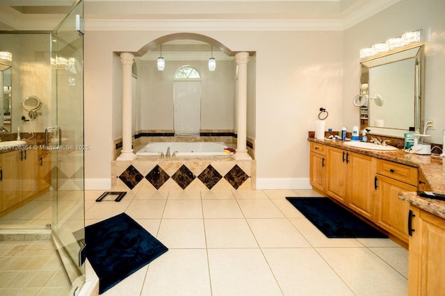 full bath with ornamental molding, tile patterned flooring, and ornate columns